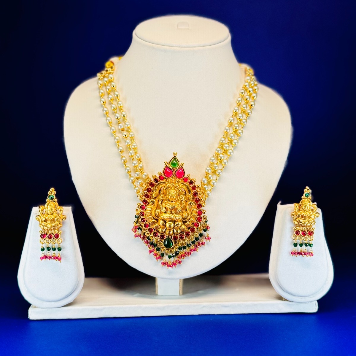 Beautiful Laxmi Pendant Clustered Pearl Long Temple Pendant Set
