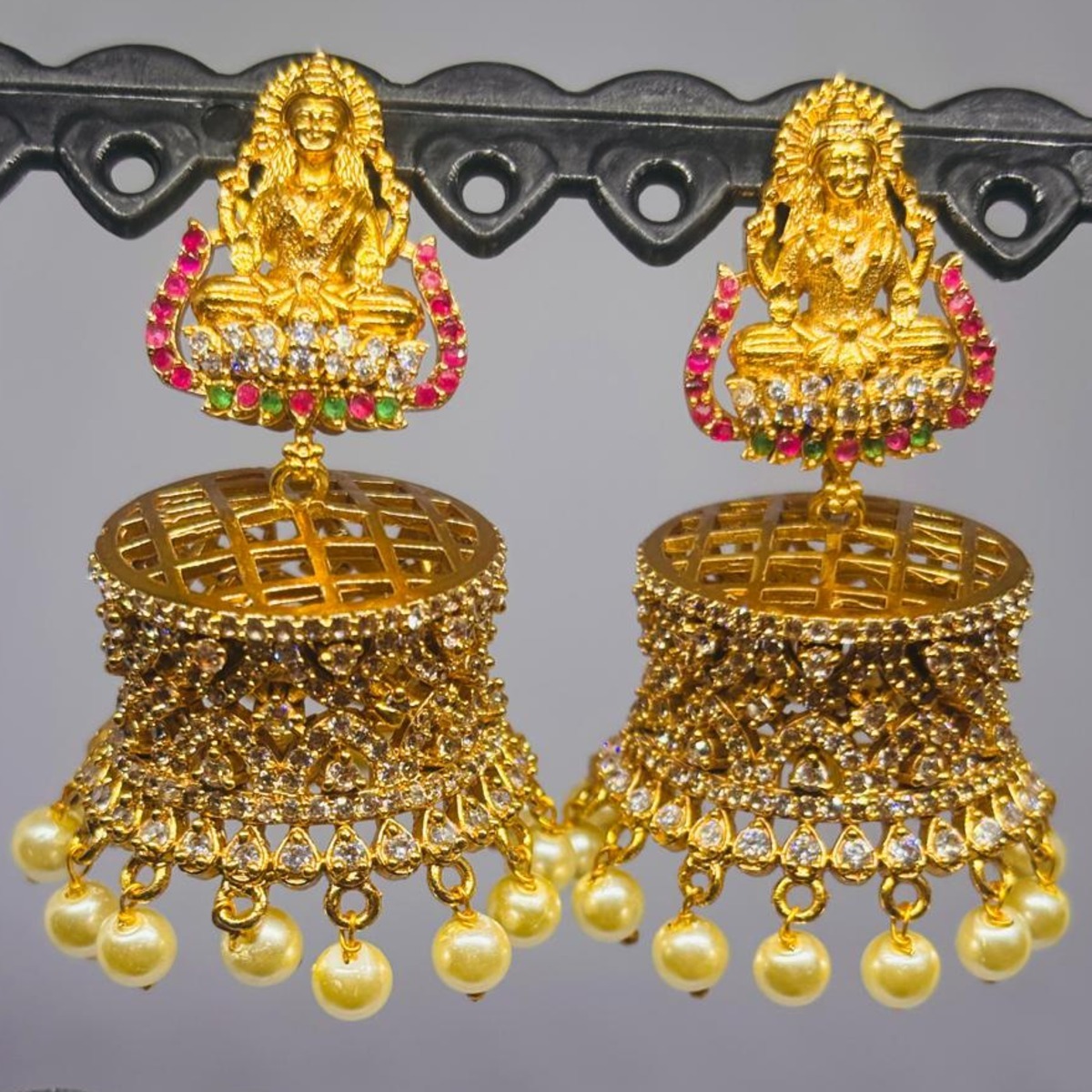 God Laxmi Design Clustered Pearl Temple Jhumka Earring